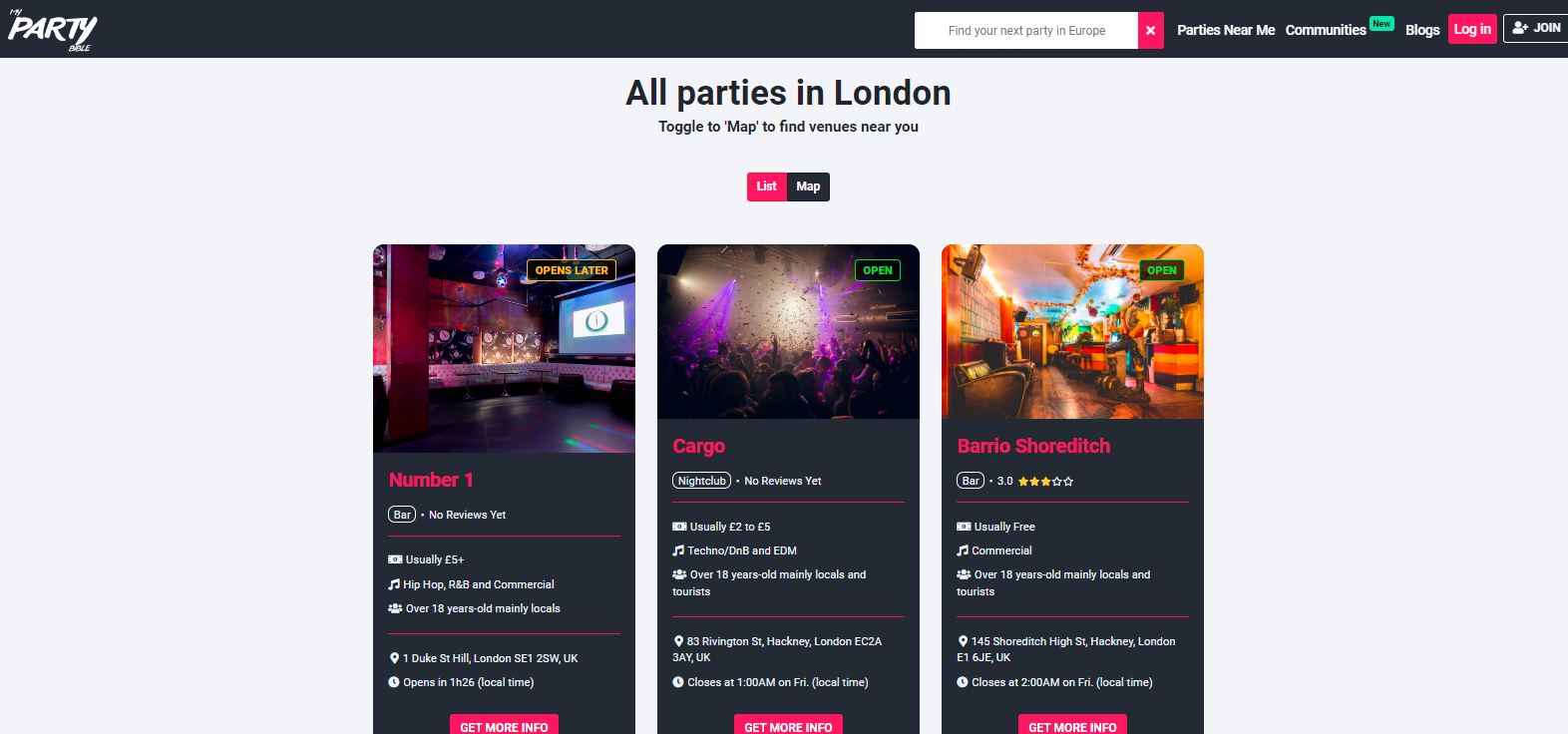 General user interface of my party bible search list